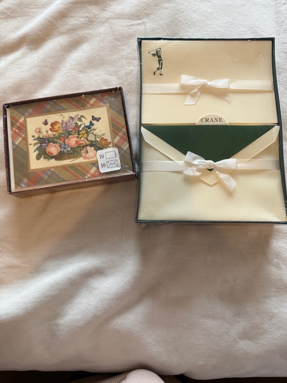 Crane Ivory and Green Ribboned Stationery Set. Hallmark floral notecard set